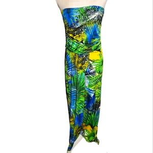 MAJORA | Women's green tropical print sleeveless long romper. Size medium.